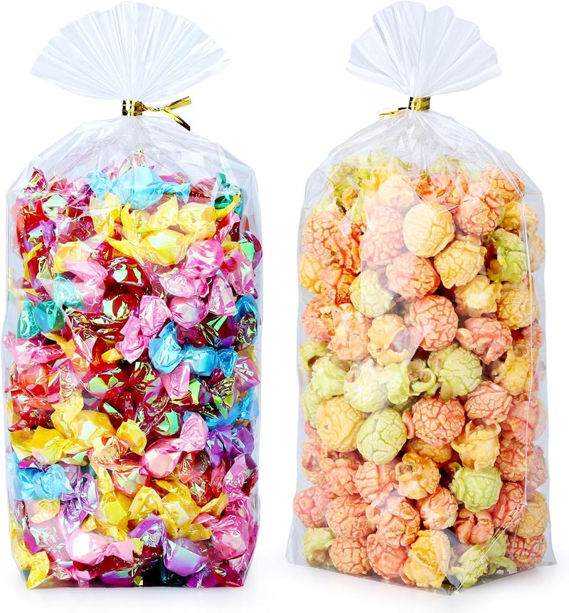 ZIMCEMS 100Pcs 6X9 inch Bottom Gusset Bags Clear Cellophane Gift Bags Plastic Gift Wrap Cello Bags for Party Favor Treats, Goodie,Bakery Cookie, Candy with 5" Twist Ties - Image 1